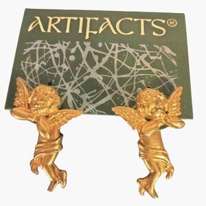 Artifacts Gold Cherub Angel Earrings Front Back Post 3D Design Victorian